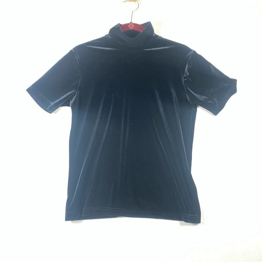 Summit Hill Black Mock Neck Short Sleeve Velvet Top Size Small